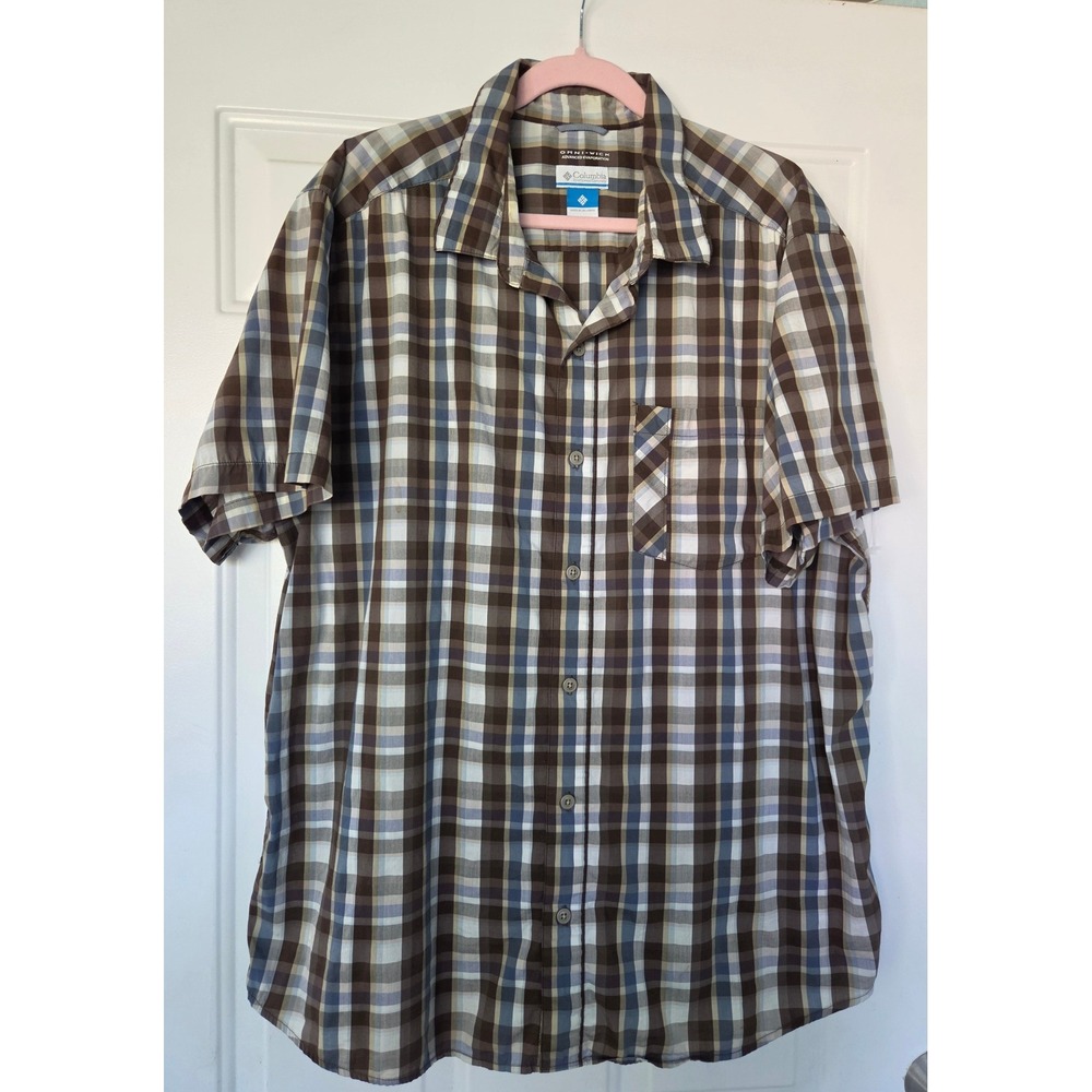 Columbia Omni-Wick Mens XL Brown Blue Plaid Short Sleeve Button Up Shirt